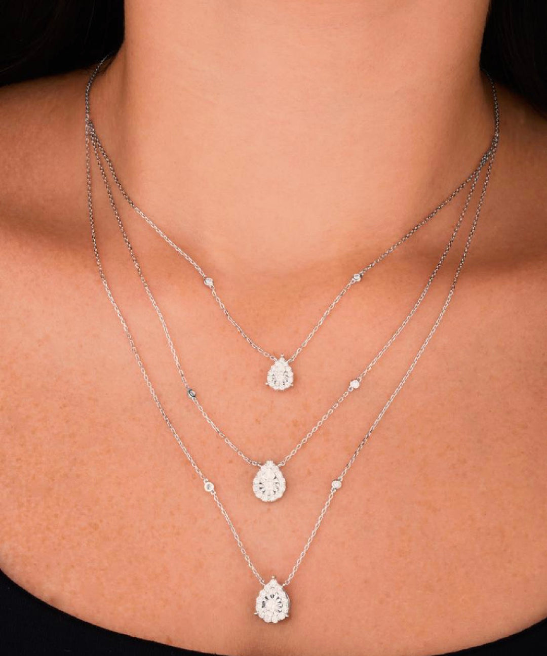 Trendy Triple pear Layers Diamond Necklace