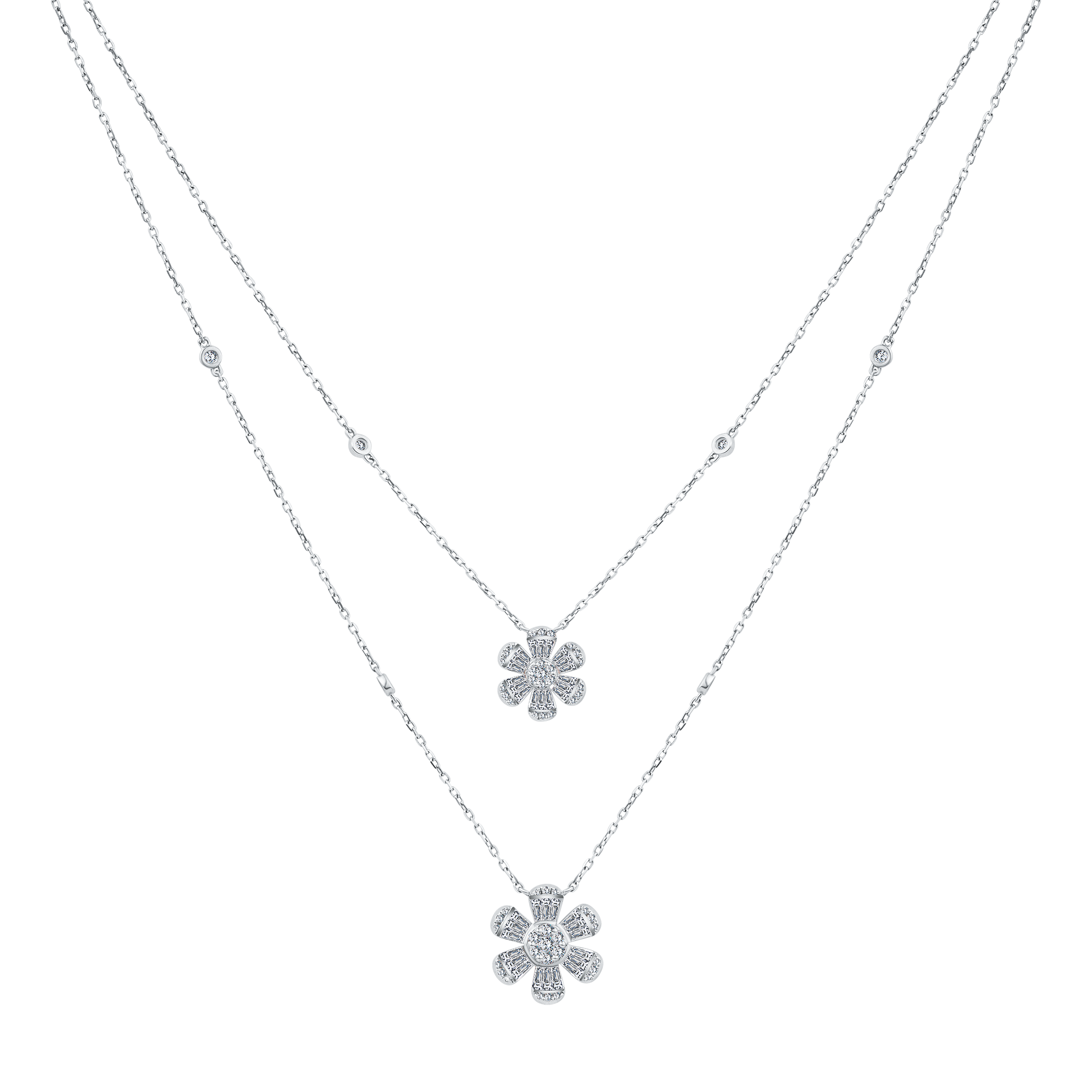 Trendy Double Flowers Diamond Necklace
